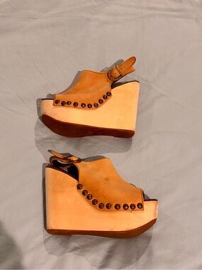 Women's Tan Studded Leather Platform Wedge Sandals